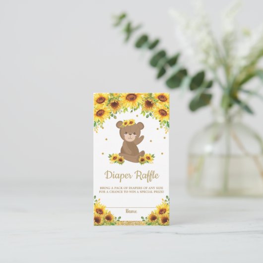 テディベアひまわり赤ちゃんシャワーおむつラッフル エンクロージャーカード (スタンド正面)