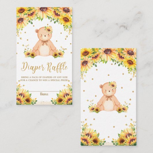 テディベアひまわり赤ちゃんシャワーおむつラッフル エンクロージャーカード (正面/裏面)