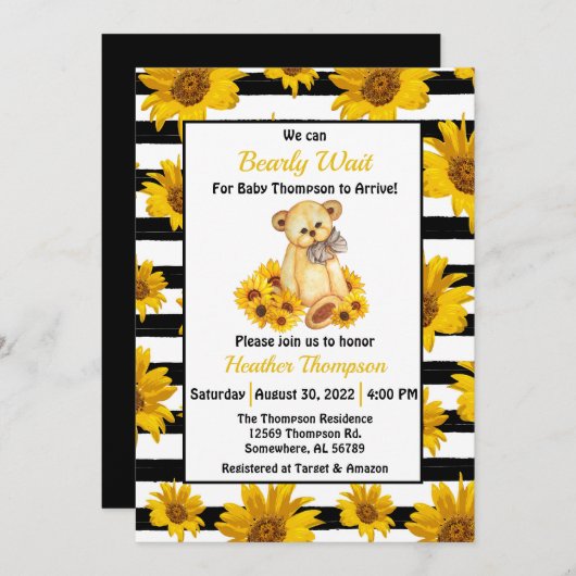 テディベアひまわり赤ちゃんシャワー 招待状 (正面/裏面)