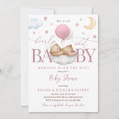テディベアほこりっぽいピンク色のバルーン雲ベビーシャワー 招待状 (正面)