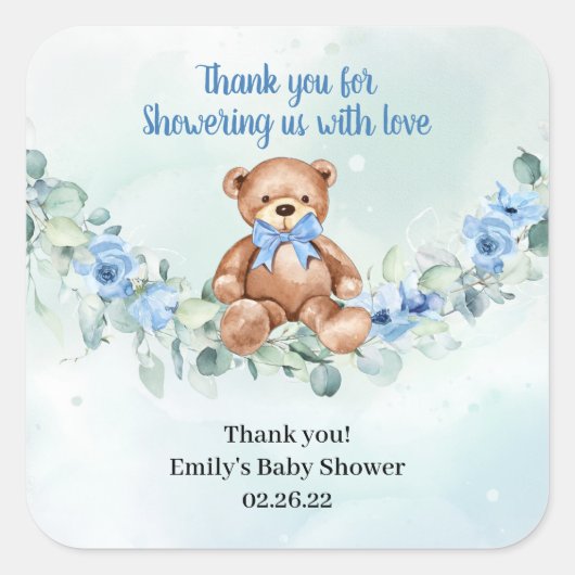 テディベアほこりっぽいブルーフローラユーカリリース スクエアシール (正面)