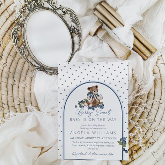 テディベアほこりっぽいブルーベリー甘いベビーシャワー 招待状