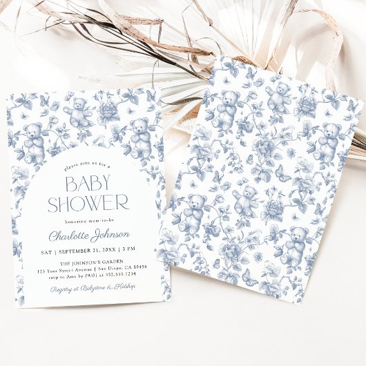 テディベアほこりっぽいブルーボーイベビーシャワー 招待状