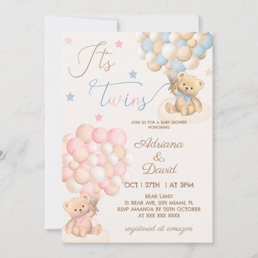 テディベアをテーマにした双子の男の子と女の子の赤ちゃんシャワー 招待状 (正面)