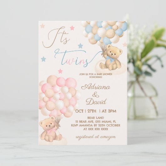 テディベアをテーマにした双子の男の子と女の子の赤ちゃんシャワー 招待状 (スタンド正面)