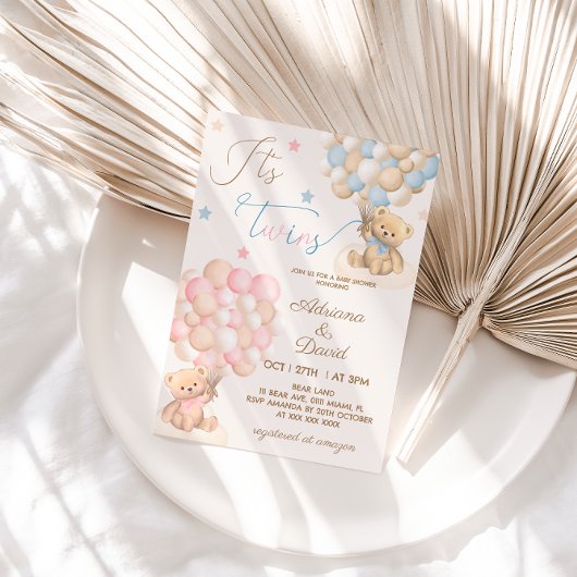 テディベアをテーマにした双子の男の子と女の子の赤ちゃんシャワー 招待状