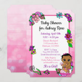 テディベアを持つピンクの赤ちゃんの女の子の民族的なベビーシャワー 招待状 (正面/裏面)