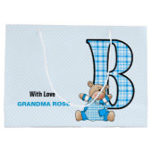 テディベアを持つ少年のための大きなブルーレターB ラージペーパーバッグ (裏面)