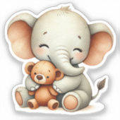 テディベアを持つ赤ちゃん象 シール (正面)