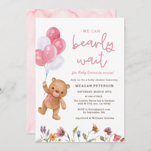 テディベアを早く待つ女の子のベビーシャワー 招待状 (正面/裏面)