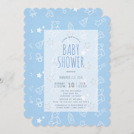 テディベアアイスクリームピザブルーベビーシャワー 招待状 (正面/裏面)