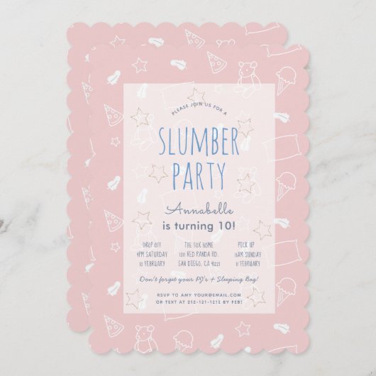 テディベアアイスクリームピンクスランバーパーティー誕生日 招待状 (正面/裏面)
