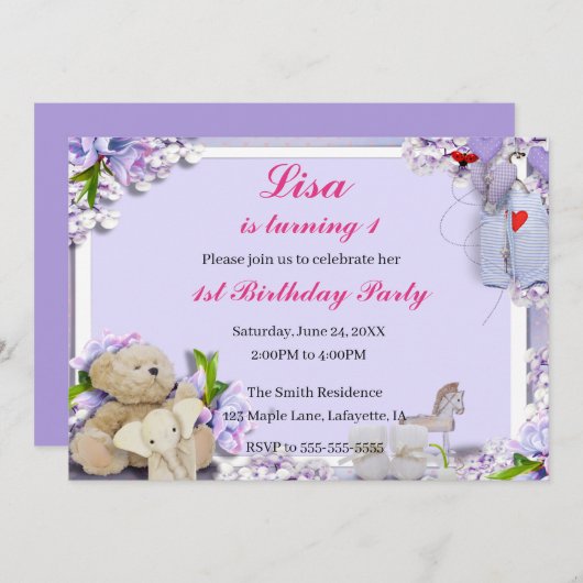 テディベアエレファントホース誕生日パーティー 招待状 (正面/裏面)