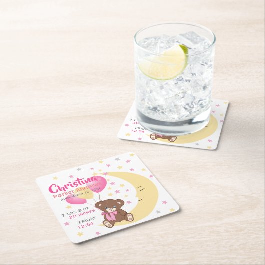 テディベアオンザムーンベビー誕生統計 スクエアペーパーコースター (インサイチュ)