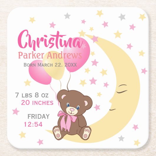 テディベアオンザムーンベビー誕生統計 スクエアペーパーコースター (正面)
