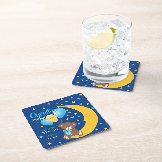 テディベアオンザムーンベビー誕生統計 スクエアペーパーコースター (インサイチュ)