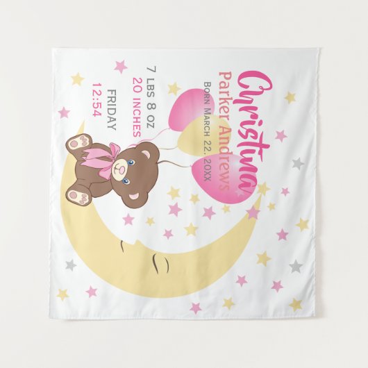 テディベアオンザムーンベビー誕生統計 タペストリー (正面(横))