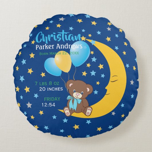 テディベアオンザムーンベビー誕生統計 ラウンドクッション (正面)