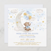 テディベアオンムーンブルー金ゴールドバルーン男の赤ちゃん 招待状 (正面/裏面)
