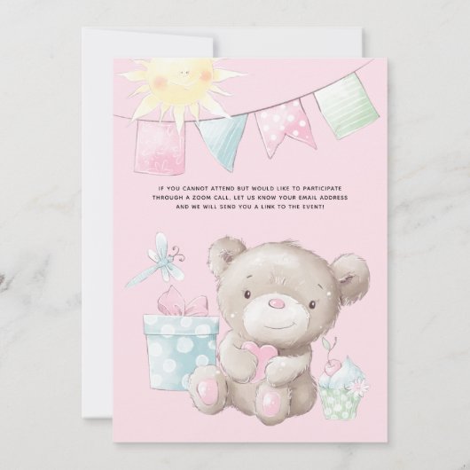 テディベアカワイイワバルーンズフローラガールシャワー 招待状 (裏面)