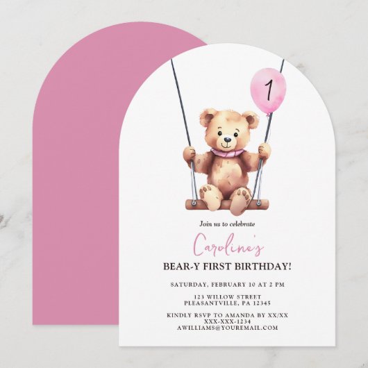 テディベアガールファースト誕生日 招待状 (正面/裏面)