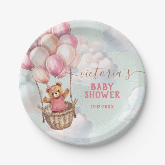 テディベアガール熱い空気バルーンベビーシャワー ペーパープレート (正面)