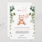 テディベアガール緑のベビーシャワー 招待状 (正面/裏面)