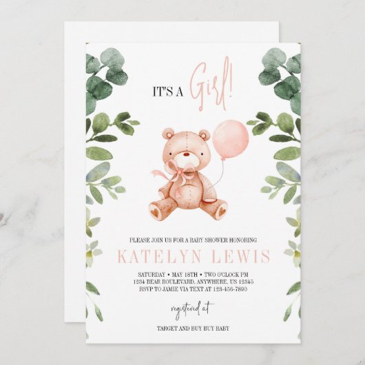 テディベアガール緑のベビーシャワー 招待状 (正面/裏面)