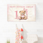 テディベアガール1stバースデーピンクバルーンのバナー 横断幕 (インサイチュ)