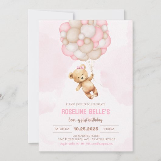 テディベアガール1stベイリーファースト誕生日 招待状 (正面)