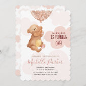 テディベアキューブピンククラウド1st誕生日招待状 招待状 (正面/裏面)