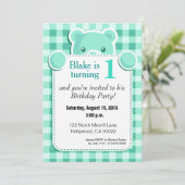 テディベアギンガムプレイド誕生日|ミントグリーン 招待状 (スタンド正面)