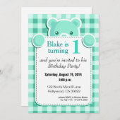 テディベアギンガムプレイド誕生日|ミントグリーン 招待状 (正面/裏面)