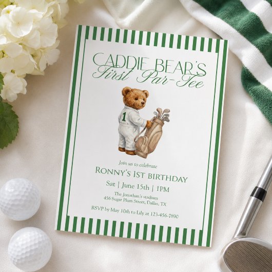 テディベアゴルフ1歳の誕生日パーティーのキャディベア 招待状