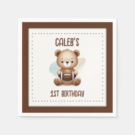 テディベアサッカー水彩1st誕生日パーティー スタンダードカクテルナプキン (正面)