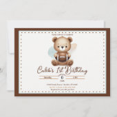 テディベアサッカー水彩1st誕生日パーティー 招待状 (正面)