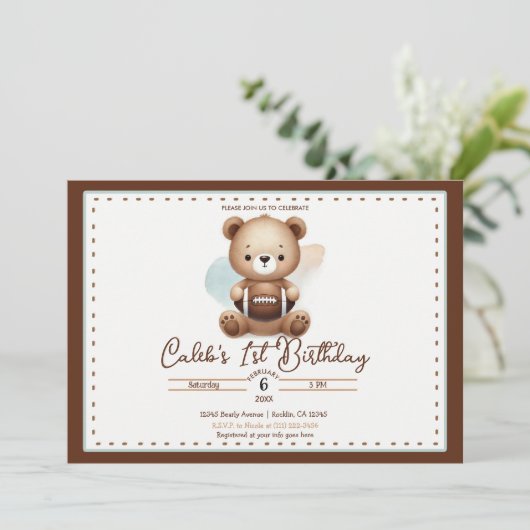 テディベアサッカー水彩1st誕生日パーティー 招待状 (スタンド正面)