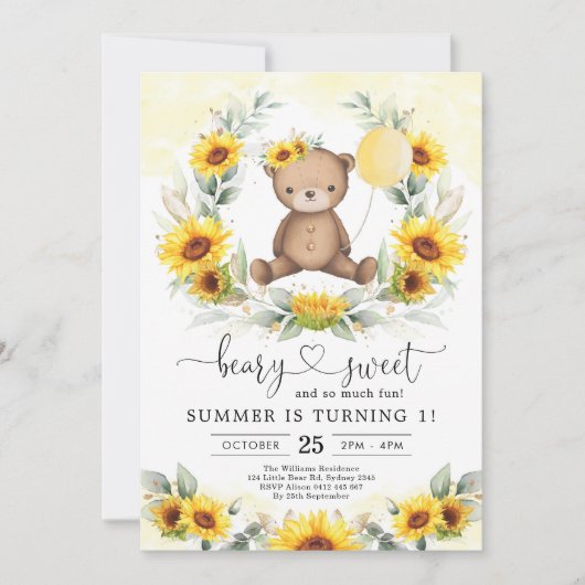 テディベアサマーサンフラワーグリーンリー誕生日ガール 招待状 (正面)