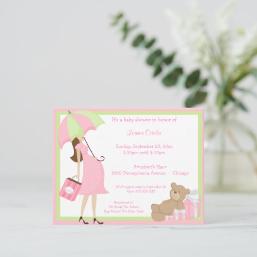 テディベアショッピングとピンクベビーシャワー招待状 招待状 (スタンド正面)