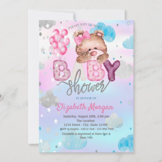 テディベアスターズ雲ホログラフィックベビーシャワー 招待状 (正面)