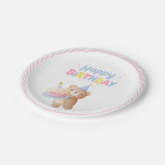 テディベアズピンクパステルハッピーバースデーパーティー ペーパープレート (アングル)