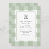 テディベアセージジンガム1st誕生日招待状 招待状 (正面/裏面)