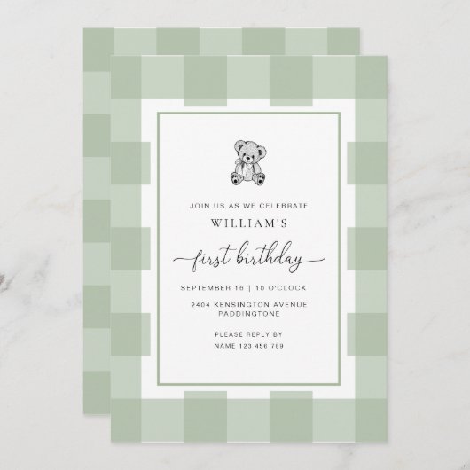 テディベアセージジンガム1st誕生日招待状 招待状 (正面/裏面)