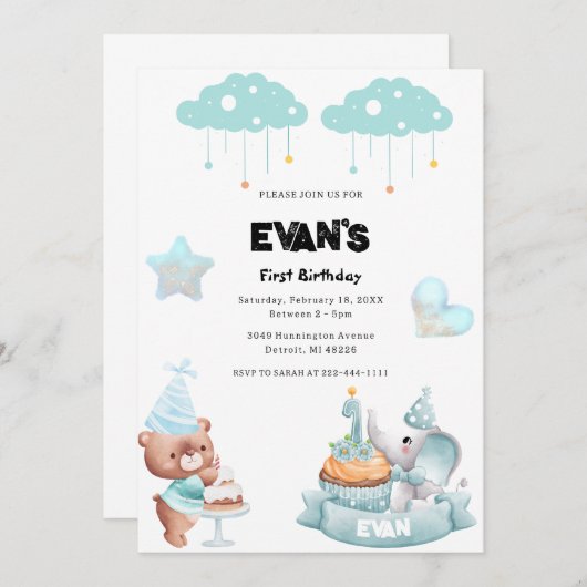 テディベアセージ笛ベイリーファースト誕生日 招待状 (正面/裏面)