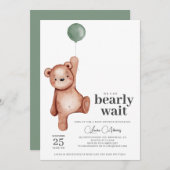 テディベアセージ緑のベビーシャワー 招待状 (正面/裏面)