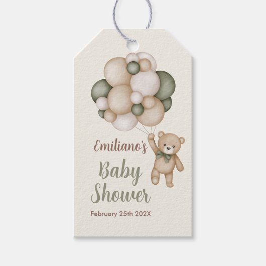 テディベアセージ緑の赤ちゃんシャワー ギフトタグ (正面)