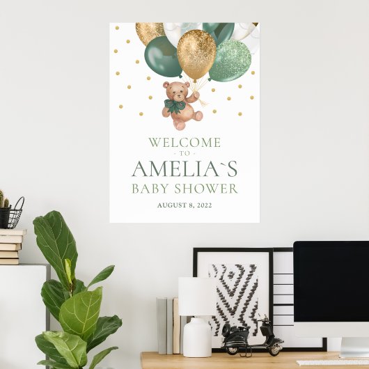 テディベアセージ緑ウェルカムベビーシャワー ポスター (ホームオフィス)