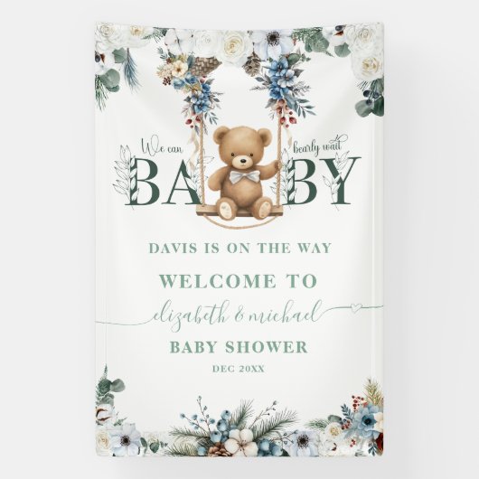 テディベアセージ緑ウェルカムベビーシャワー 横断幕 (縦)