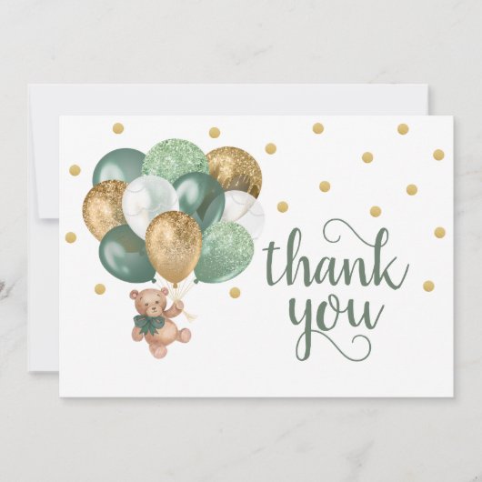 テディベアセージ緑ベビーシャワーサンキューカード サンキューカード (正面)
