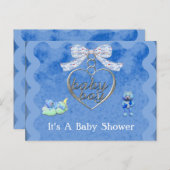 テディベアチャームボーイブルーベビーシャワー インビテーションポストカード (正面/裏面)